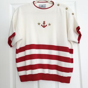 Bay Point Threads Women’s Nautical Anchor Sweater Size L Red White Gold Stars